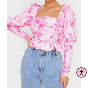 PrettyLittleThing Pink Floral Long Sleeve Crop Blouse Size 14